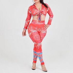 Red Stretch 2 Piece Set leggings pants top shirt club outfit sexy Hot Bodycon